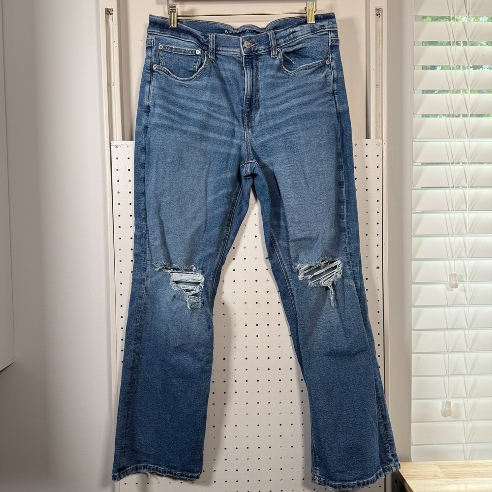 American‎ Eagle '90s Bootcut Jean Women's Blue Denim Stretch Distressed - 12